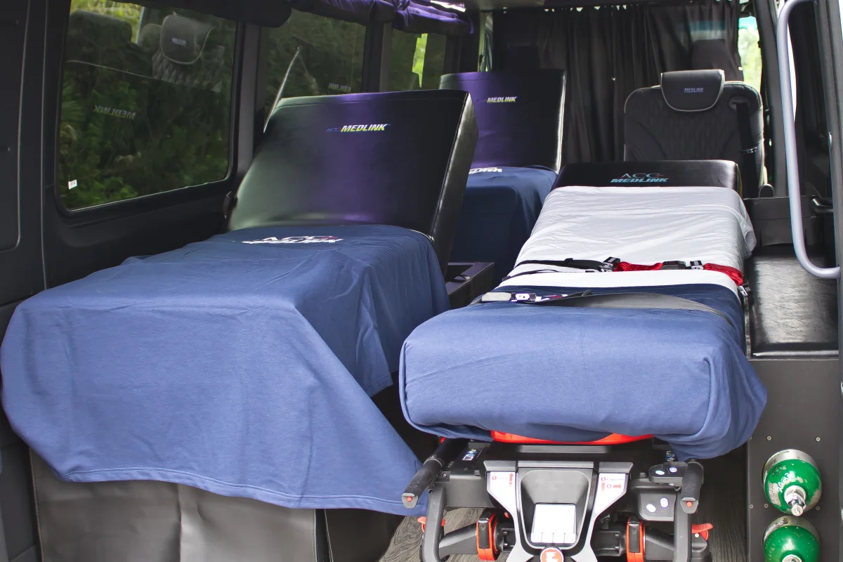 Two made-up beds with oxygen inside an ACC Medlink Mercedes Sprinter