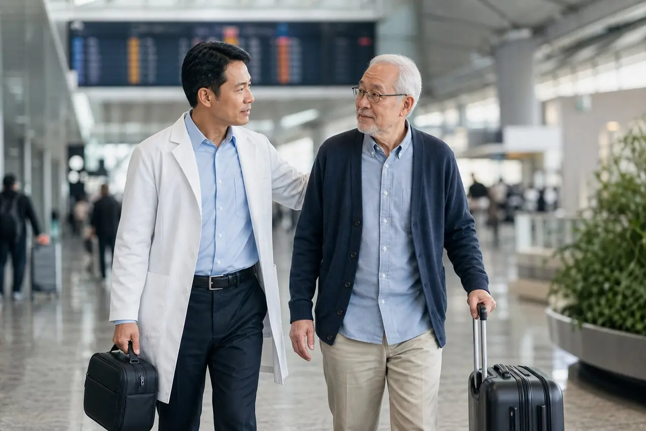 Medical escort walking with an older man through an airport terminal