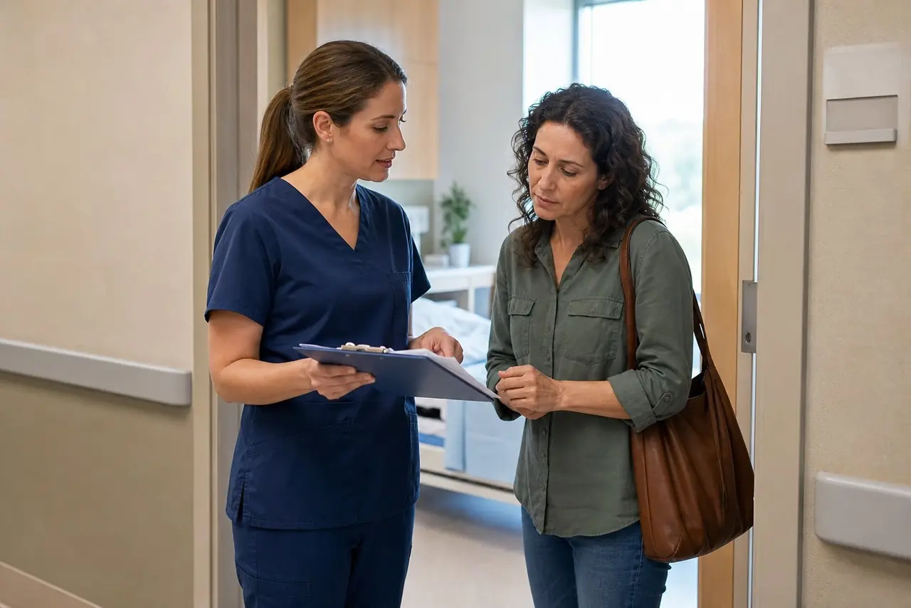 Nurse going over discharge paperwork with a family member in a hospital room