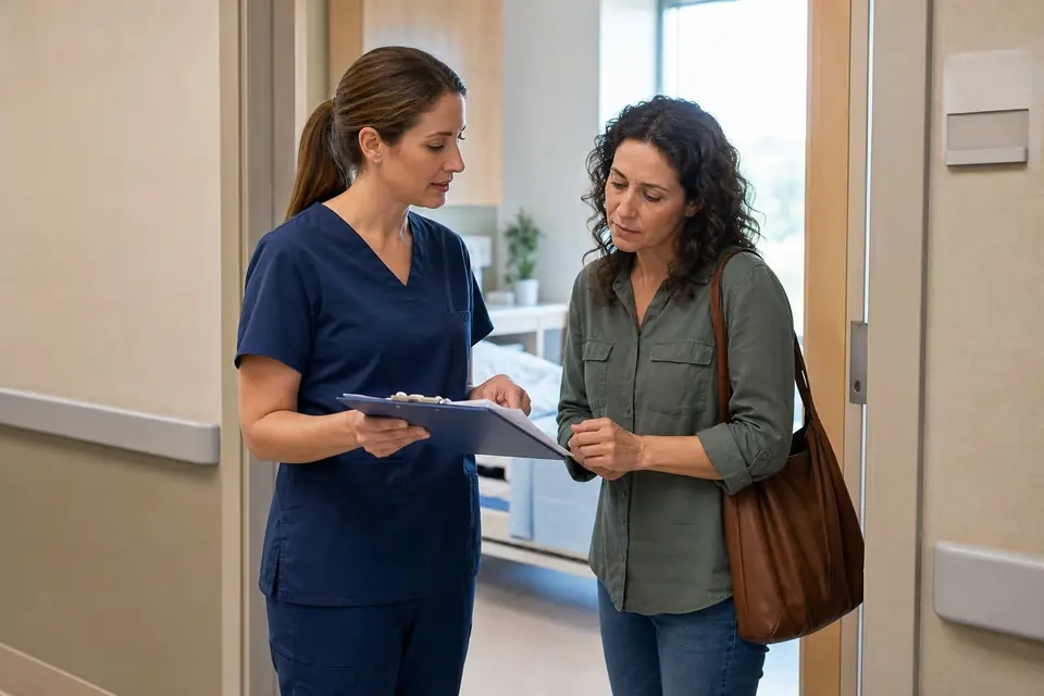 Nurse going over discharge paperwork with a family member in a hospital room