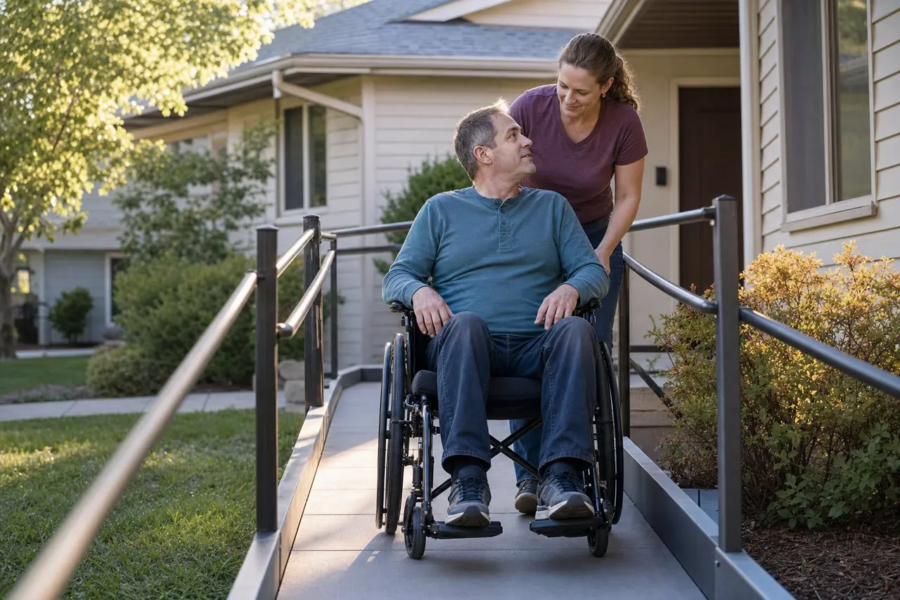 Caregiver helping a man in a wheelchair down the ramp outside his home