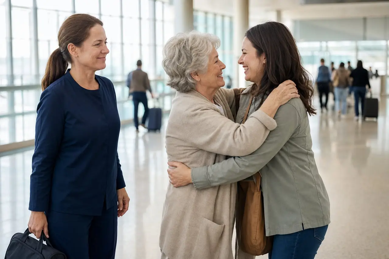 Medical escort looking on as an older woman hugs her daughter at airport arrivals