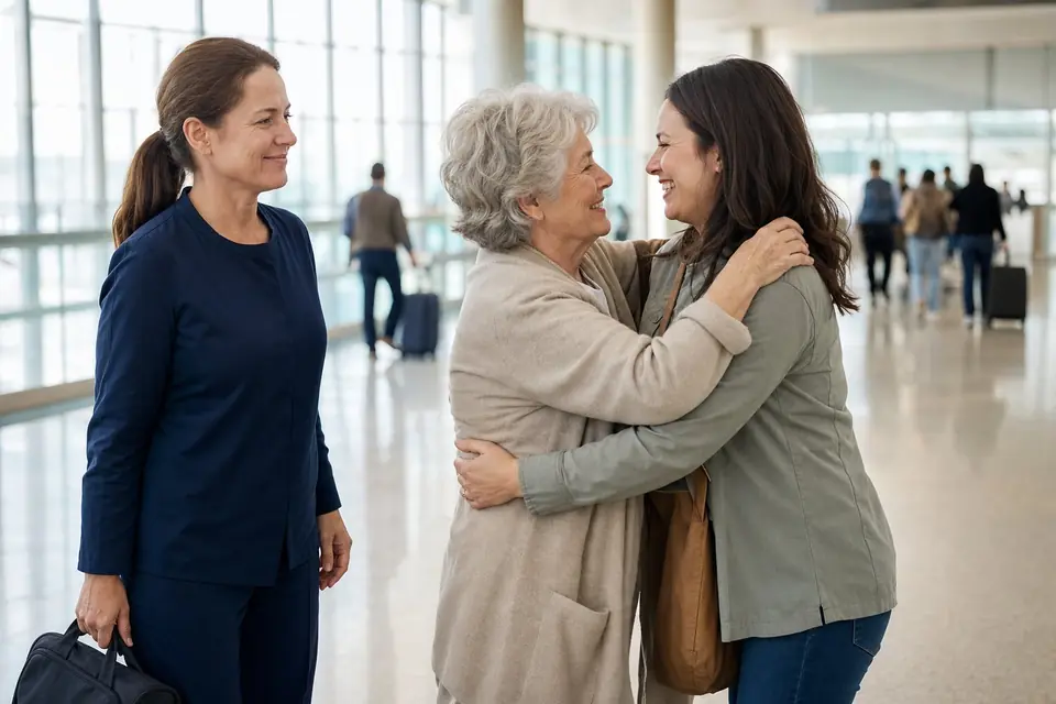Medical escort looking on as an older woman hugs her daughter at airport arrivals
