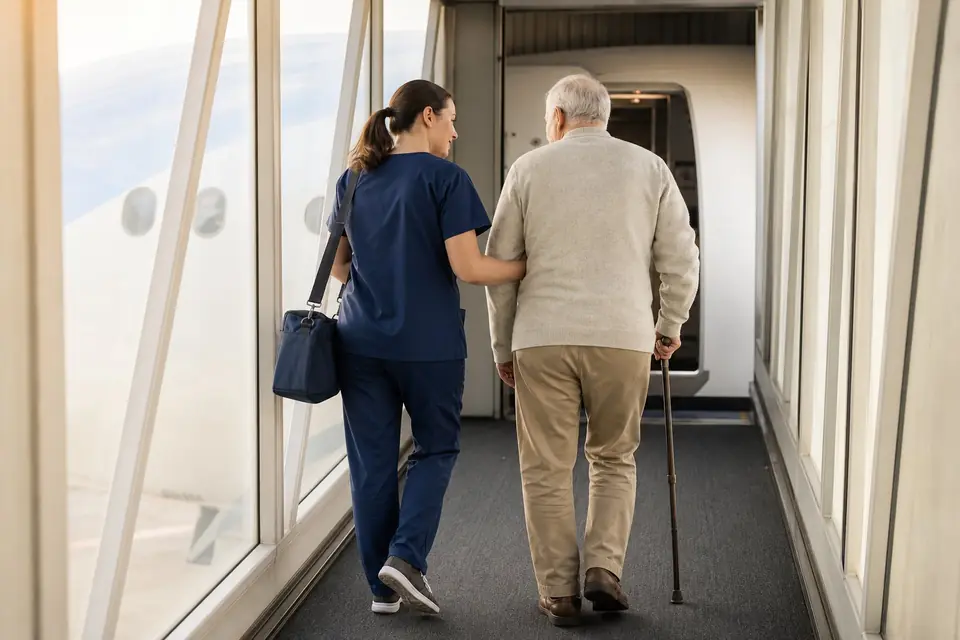 Medical escort helping an older man with a cane board a plane