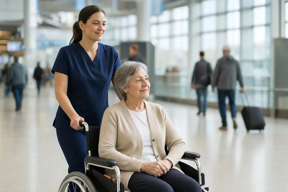 Medical escort pushing an older woman in a wheelchair through an airport