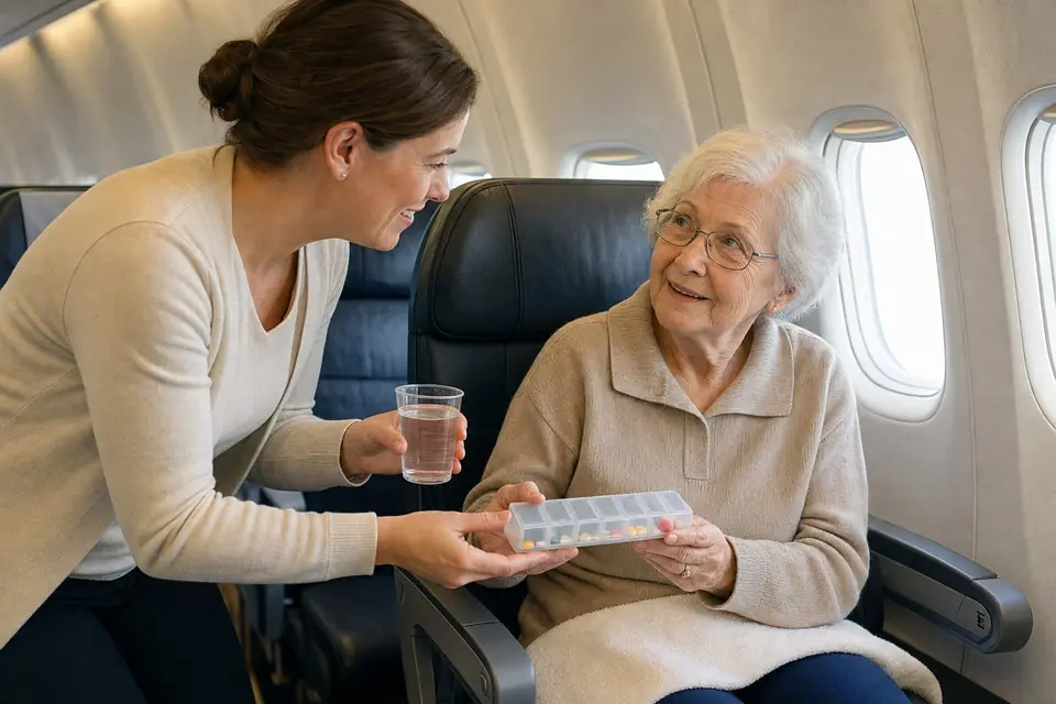 Medical escort handing an older woman water and her pill organizer on a plane