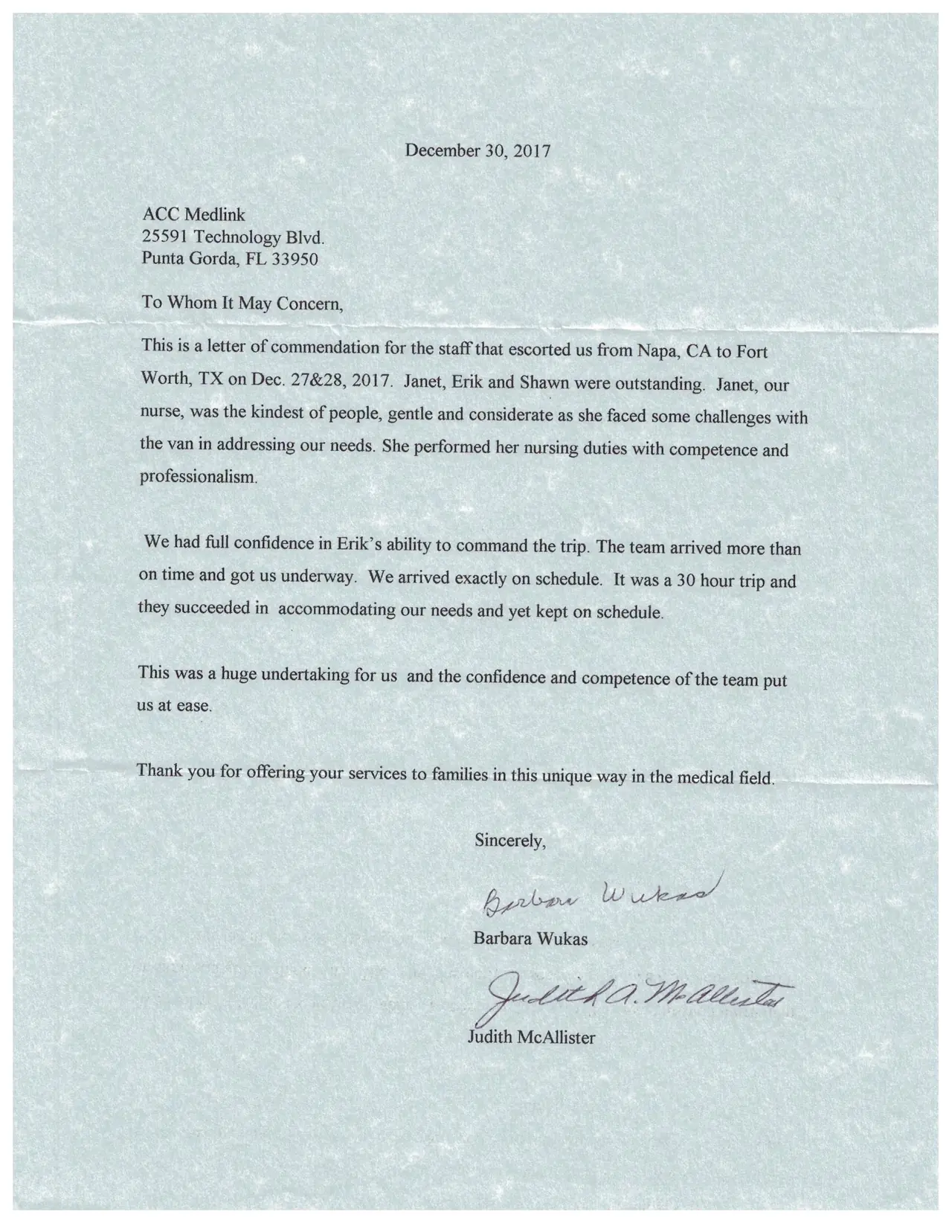 Letter of commendation to ACC Medlink from a family transported from Napa, CA to Fort Worth, TX