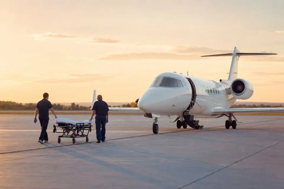 Two crew members wheeling a stretcher toward a private medical jet at sunset