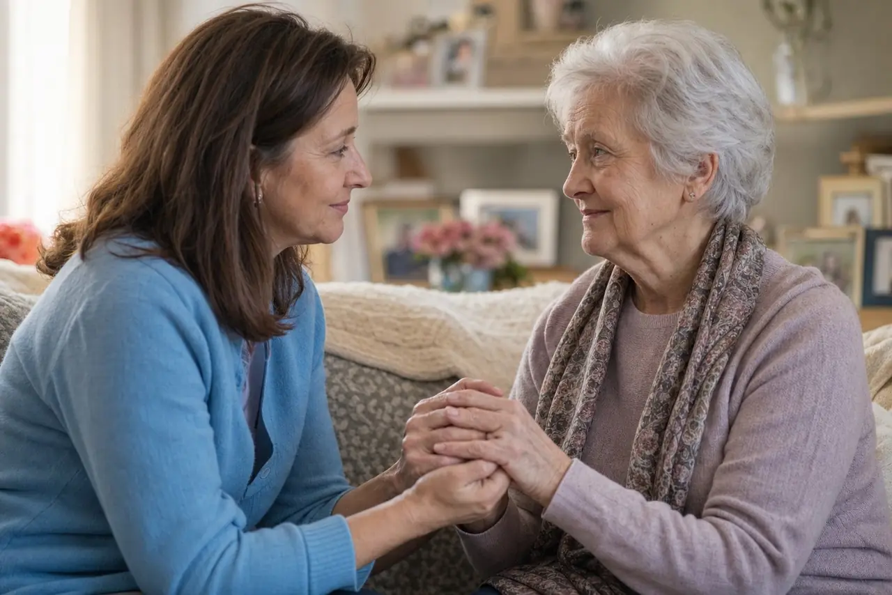 Daughter holding hands with her elderly mother on a sofa at home