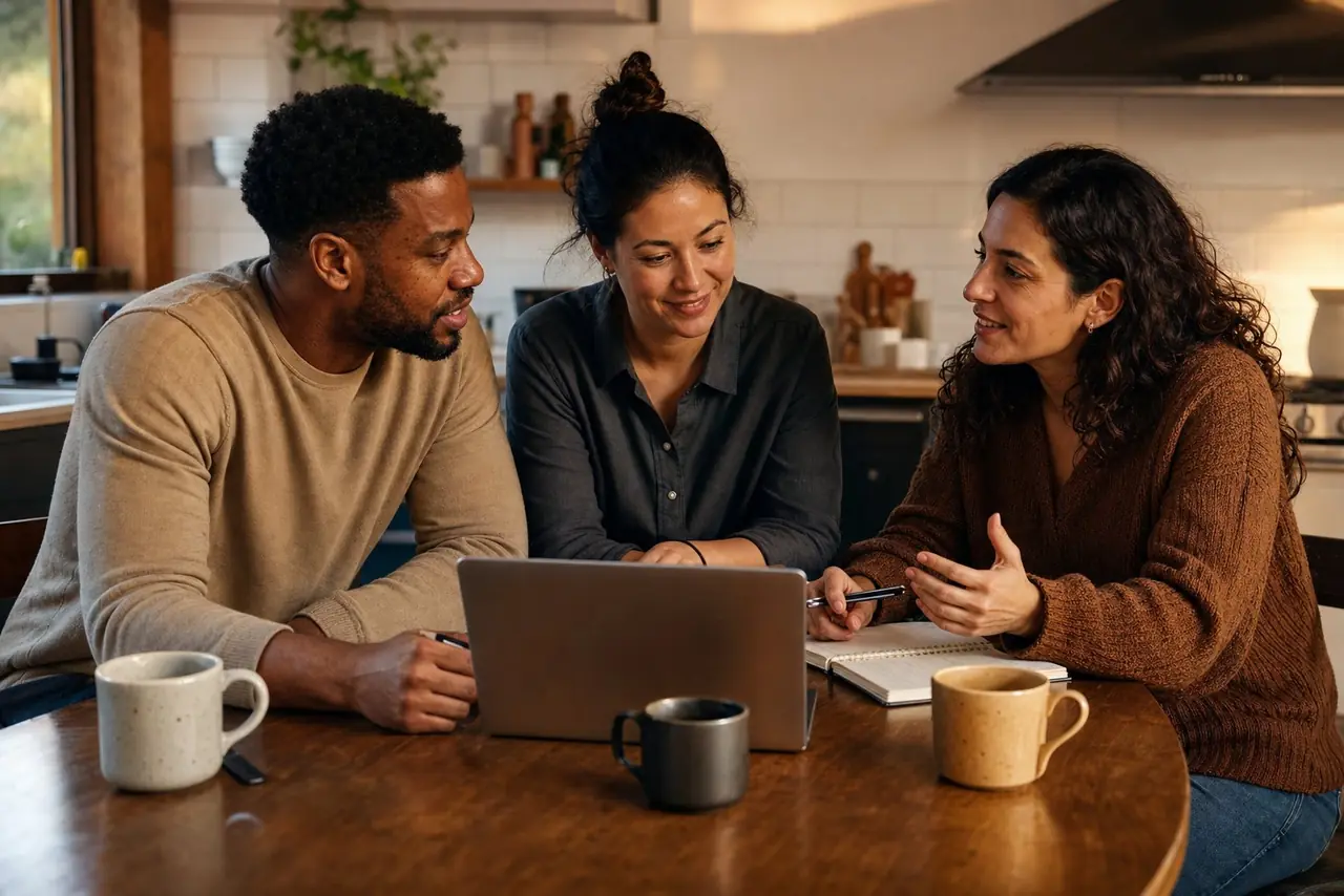 Three family members planning together around a laptop at a kitchen table