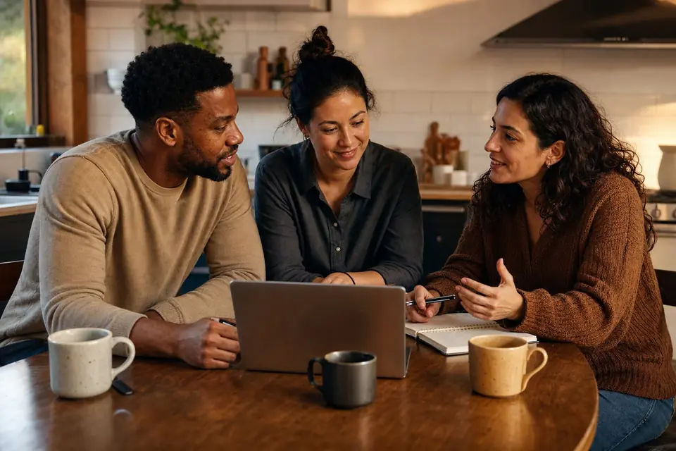 Three family members planning together around a laptop at a kitchen table
