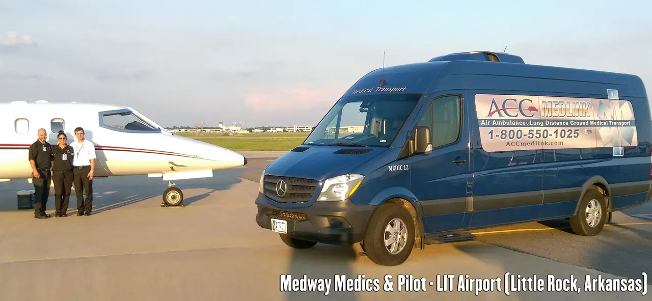 ACC Medlink van and crew beside a medical jet at the Little Rock airport