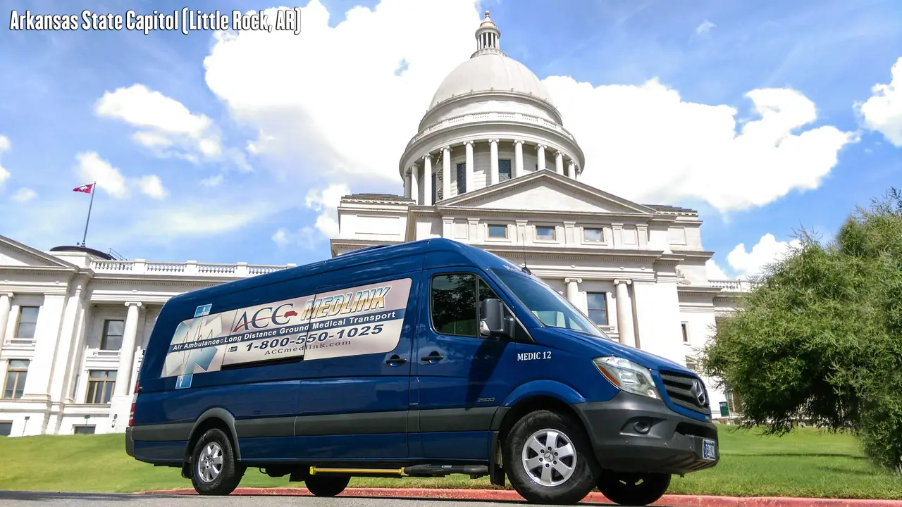 ACC Medlink transport van in front of the Arkansas State Capitol in Little Rock