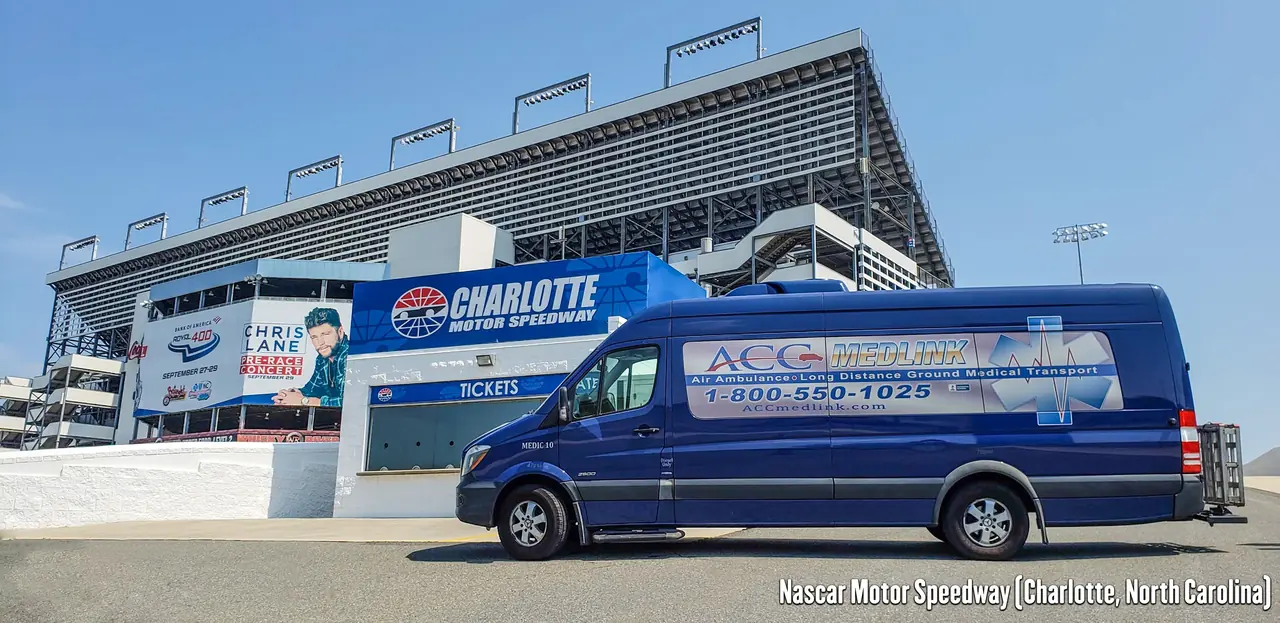 ACC Medlink transport van outside Charlotte Motor Speedway in North Carolina