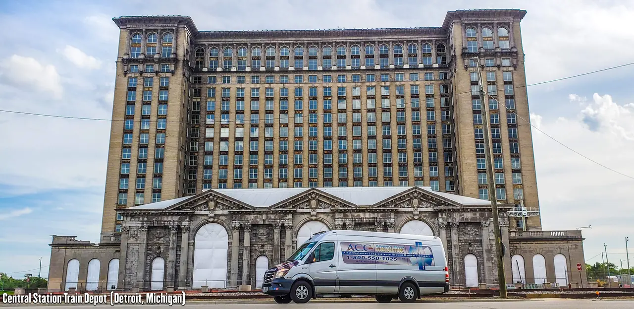 ACC Medlink transport van outside Michigan Central Station in Detroit