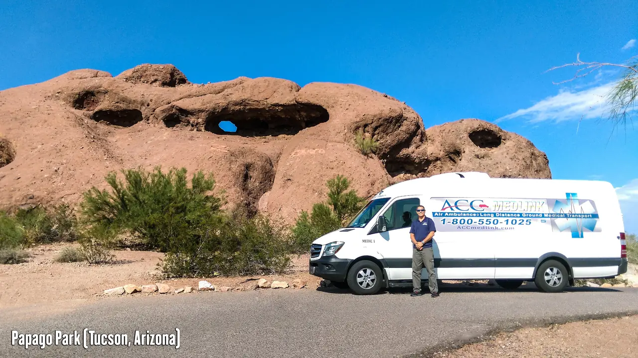 ACC Medlink transport van and driver at Papago Park, Arizona