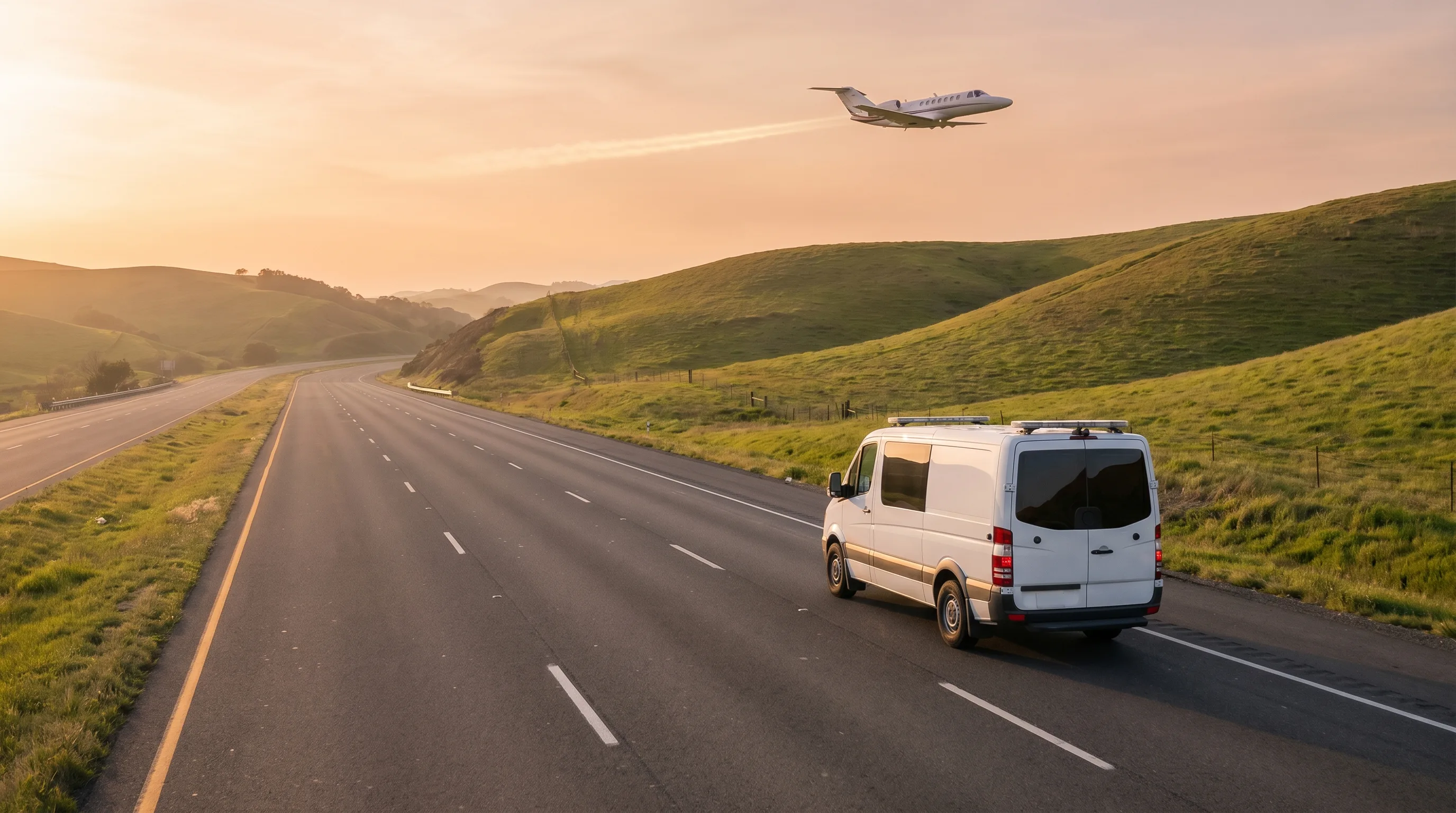 Long distance ground medical transport van on the highway with a medical jet overhead - two ways to bring a patient home