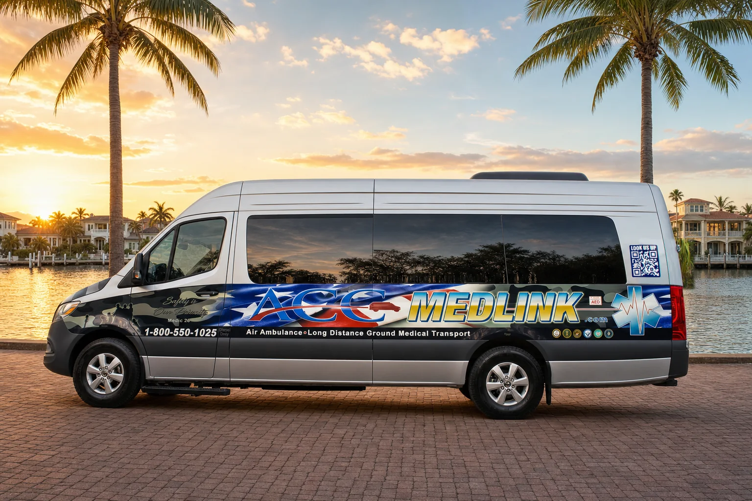 ACC Medlink Medic 26 long distance medical transport van at sunset