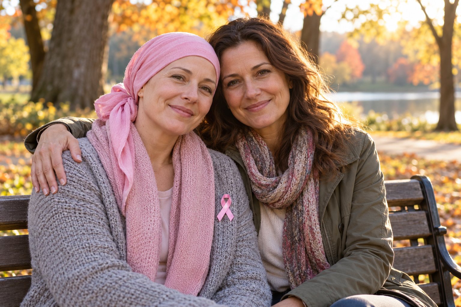 Two women sitting together on a park bench in autumn, one wearing a pink headscarf, sharing a supportive embrace